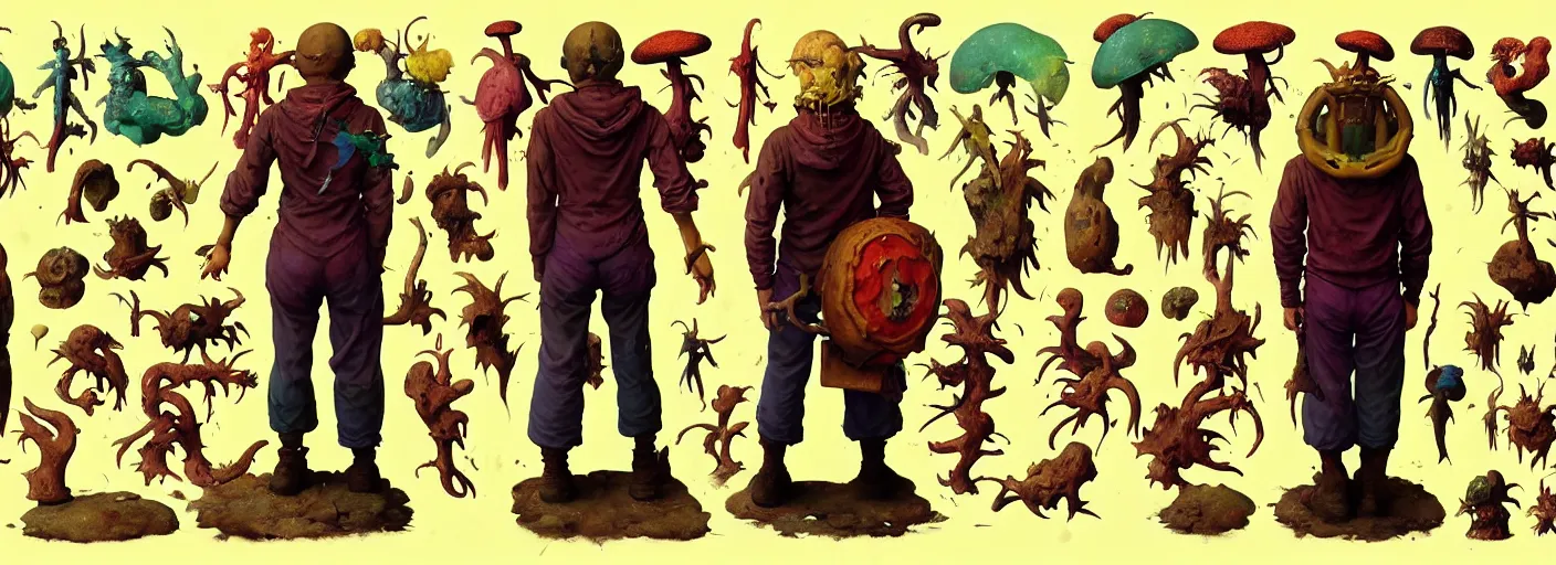 Image similar to full - body portrait surreal colorful clay fighting artstation rpg shiitake fungus character concept art anatomy, action pose, very coherent and colorful high contrast masterpiece by norman rockwell franz sedlacek hieronymus bosch dean ellis simon stalenhag rene magritte gediminas pranckevicius, dark shadows, sunny day, hard lighting, reference sheet white! background