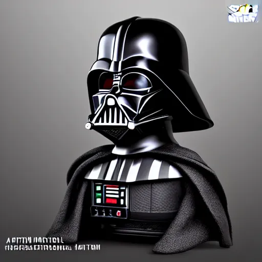 Image similar to artstation darth vader bobble head, small but (fierce) funny, collector's mirrored highly polished display, very detailed, portrait, high contrast, unreal engine 5