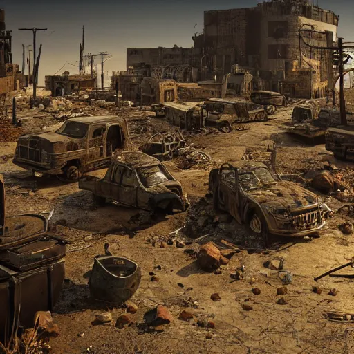 Image similar to apocalyptic wasteland with an economy using every resource to survive, 3d render, Unreal Engine, octane render, ray tracing, Unity, highly detailed, high quality, HD, 4k, 8k, realistic, sharp, trending
