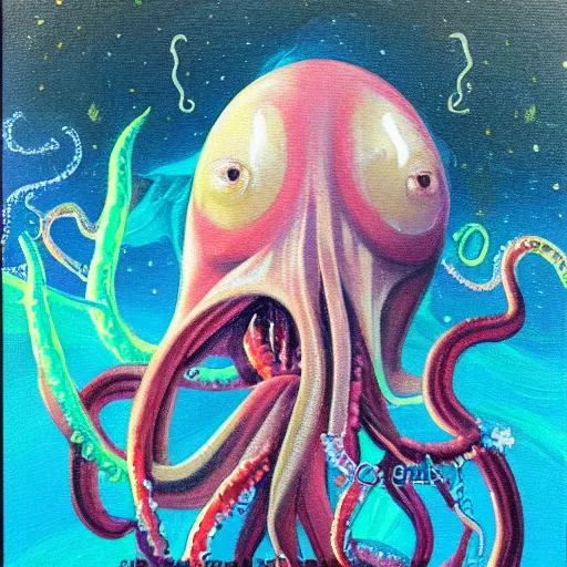 Image similar to Cthlulu!!!!!!!!!!!!!!! Squid-face lovecraftian eldritch profile pic, oil painting, tentacles, glow galaxy background,