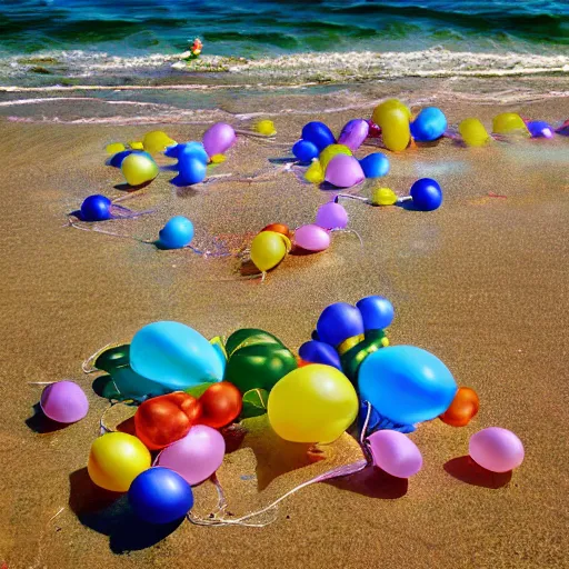 Image similar to a lot of floating birthday balloons. beautiful beach in bretagne. digital art, highly - detailed, artstation cgsociety masterpiece