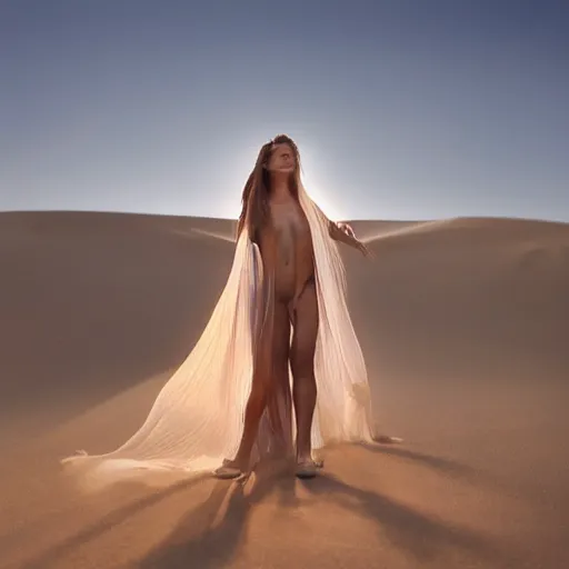 Image similar to filmstill photography of female body covered with curly white translucent blanket blowing in wind, acrylic liquid colors, luxurious supermodel photoshooting, golden jewelry, bokeh, godrays, strong wind, wrinkles, sunrays, sunset, lens flares, monet, renoir, cold colors, sand dunes