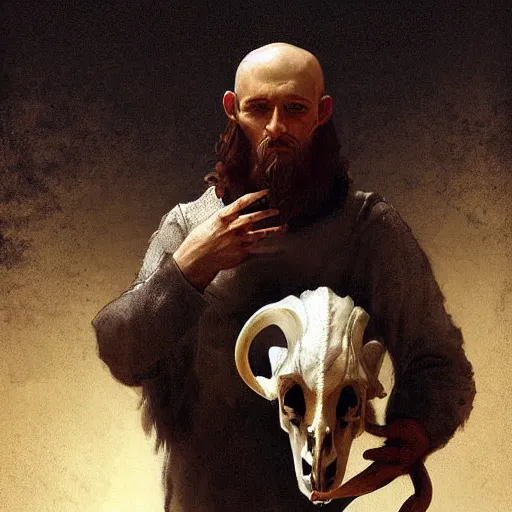 Prompt: man with goat horns holding an animal skull, style of da vinci, fantasy illustration, by greg rutkowski