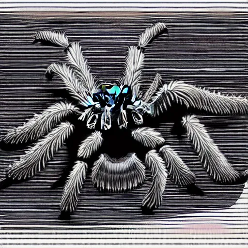 Image similar to book illustration of a tarantula with a machine gun mounted on its back. book illustration, monochromatic, white background, black and white image