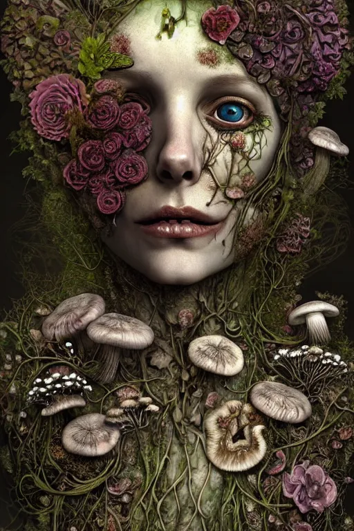 Image similar to beautiful and detailed rotten woman corpse with fractal plants and fractal flowers and mushrooms growing around, face muscles, veins, arteries, intricate, ornate, surreal, ray caesar, john constable, guy denning, dan hillier