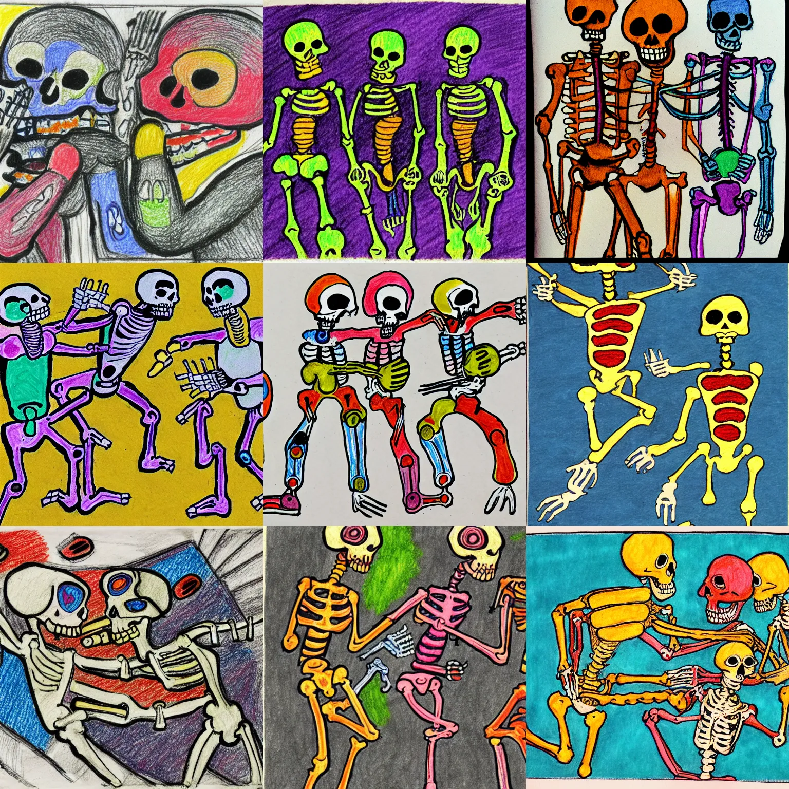 Prompt: colorful art brut drawing of three skeletons fighting over a piece of bread, found doodled in a sketchbook