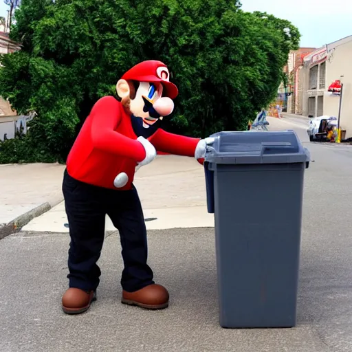 Image similar to super mario throwing away some trash