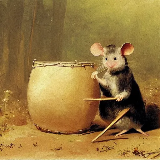 Prompt: mouse with drum, forrest background, by carl spitzweg, close up