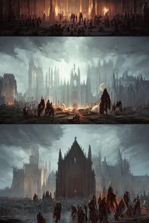 Image similar to epic battle between human warriors mages and demons, cathedrals and abbeys, by greg rutkowski