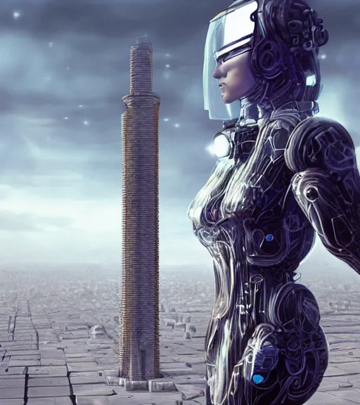 Image similar to tarkovsky greatest scene, aura of the ancient destroyed majestic tower of babylon, woman in gantz suit, futuristic cyber clothing, transparent puffer jacket, hyperealistic, blockchain, cyber world, ambient lighting, concept art, intricate, hyper detailed, smooth, dynamic volumetric lighting, octane, ray trace, cinematic, high quality, cgsociety