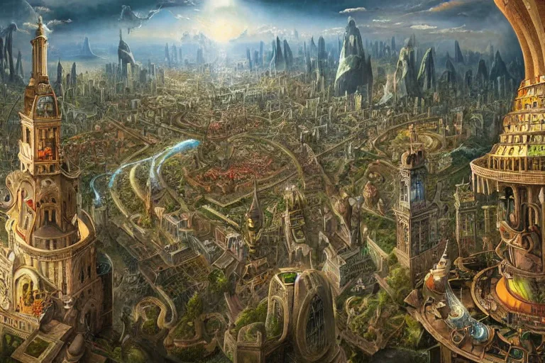 Image similar to a beautiful stunning insanely detailed matte painting of a magical mythical city buzzing with activity by Heironymous Bosch and Jim Burns
