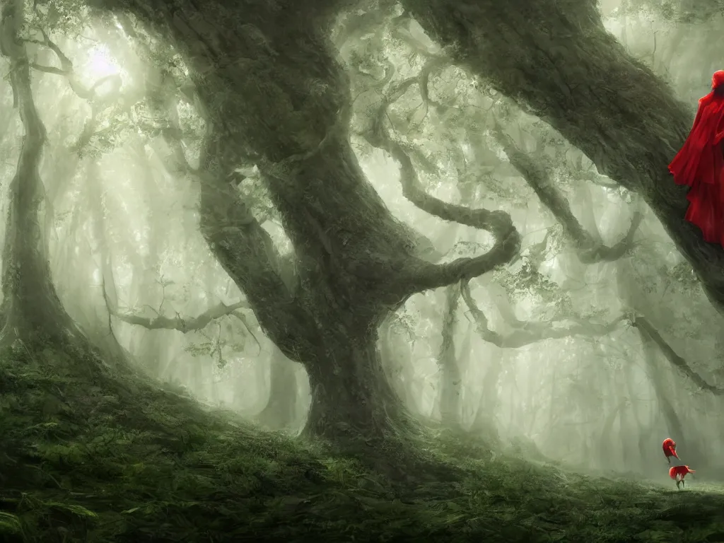 Image similar to a female beauty with red cap rides slowly through a dense misty green oak and beech forrest, rays of life, cinematic, fantasy art, moody morning light, cryengine, trending on artstation, by cynthia sheppard, by naoto hatori, by tyler jacobson, by john howe, by ridley scott, by peter jackson, by chris rahn