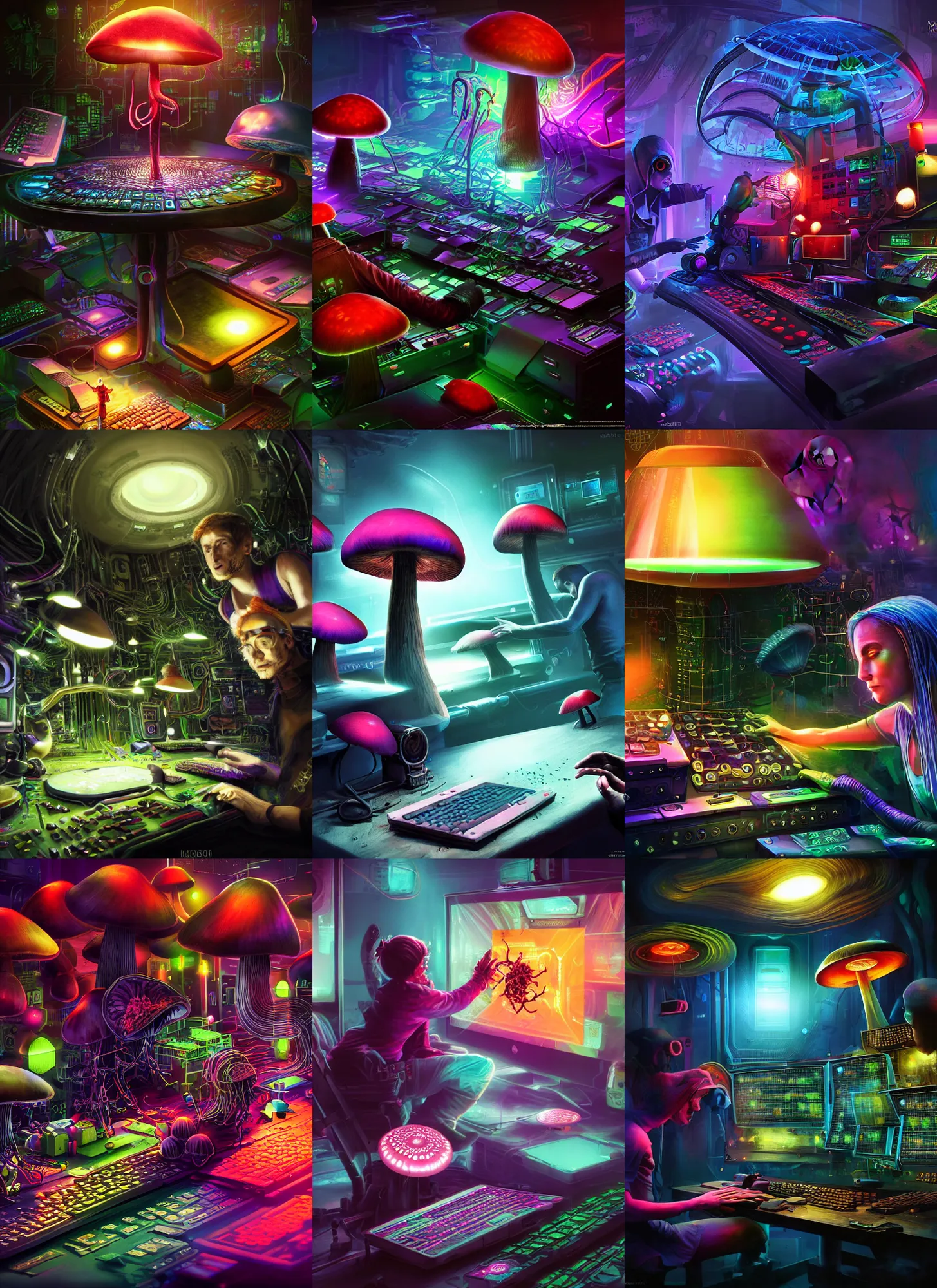 Prompt: hacking the mushroom computer mainframe, vivid colors, war of colorss, dark shadows, contrast, concept art, sharp focus, digital art, Hyper-realistic, 4K, Unreal Engine, Highly Detailed, Dramatic Lighting, Beautiful, by Brom,