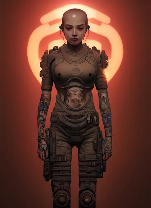 Image similar to girl covered with tattoos wearing tactical gear, intricate lights, bio luminescent, plasma, by ruan jia and artgerm and range murata and wlop and ross tran and william - adolphe bouguereau and beeple. key art. fantasy illustration. award winning, artstation, intricate details, realistic, hyperdetailed, 8 k resolution.