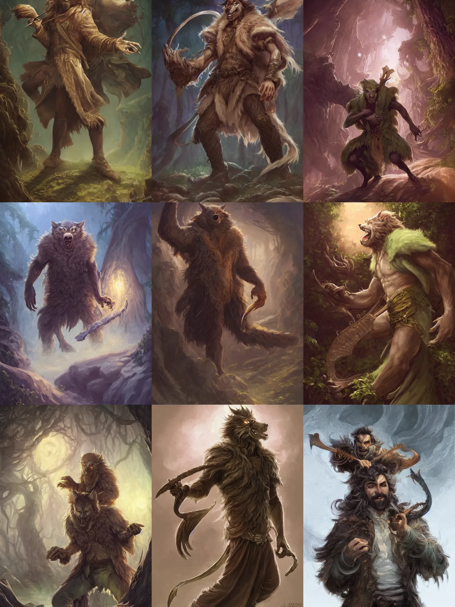 Prompt: picture of male werewolf bard, green tuffle jacket, big harp, high fantasy, highly detailed, detailed faces, smooth, sharp focus, chiaroscuro, dnd, digital painting, concept art, rossdraws and moebius and jon mcnaughton
