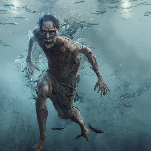 Image similar to highly detailed full body portrait of a zombie swimming underwater in a zombie - apocalypse, in a swimming pool, by greg rutkowski, octane render