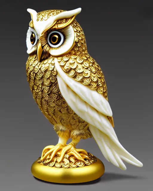 Prompt: gorgeous ornated snow white porcelain realistic detailed sacred owl statue with golden filigree carved out of ivory