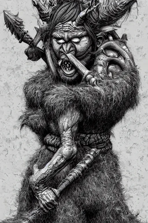 Image similar to hunched troll with a horn on his head, fantasy, highly detailed, digital art, sharp focus, trending on art station, kentaro miura manga art style