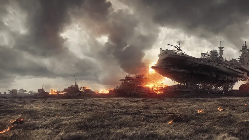 Image similar to an immense steampunk aircraft carrier crashed and burning in a field, thick black smoke billowing, turbulent storm clouds, dystopian, sharp focus, octane render, imax