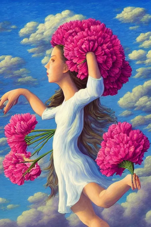 Image similar to closeup, giant carnation flower head, woman flying, surreal, clouds in sky, impressionist painting, digital painting, artstation, rob gonsalves