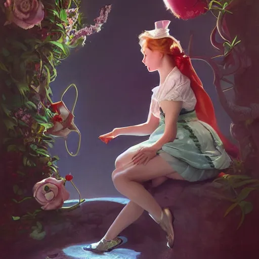 Prompt: Alice in wonderland, full body, head, lips, feet, masterpiece, detailed painting by Ross Tran and Gil Elvgren