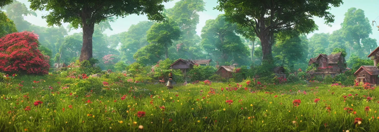 Image similar to large central crimson - black beehive in a beautiful forest meadow village landscape, flowers, happy trees, photorealistic, octane render, rtx, hdr, unreal engine, digital art widescreen 8 k, studio ghibli, bob ross, pixar, bee movie, disney