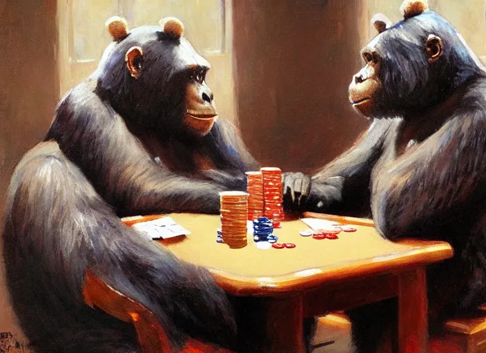 Image similar to gorrila and a bear playing poker, highly detailed beautiful, by gregory manchess, james gurney, james jean