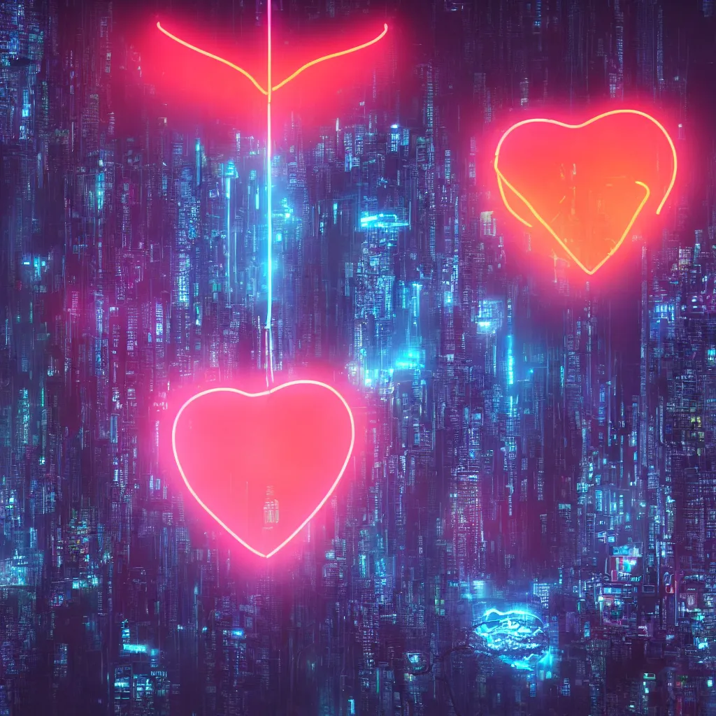 Prompt: a glowing neon heart suspended above a futuristic cyberpunk city 4k ultra detailed