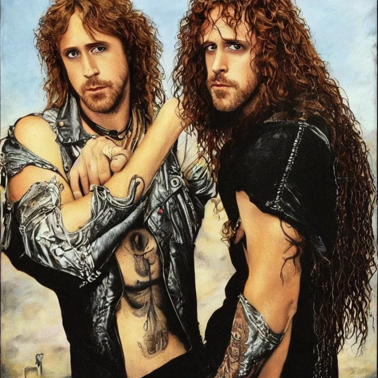 Image similar to Pre-Raphaelite portrait of Ryan Gosling as the leader of the cult 1980s heavy metal band \'Metallica\', with very long blond hair and grey eyes, high saturation