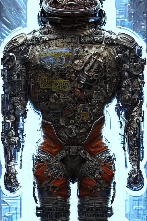 Image similar to a portrait of a muscular anthropomorphic cyberpunk frog in spacesuit armor with ensignia on chest plate by sandra chevrier, by jon foster, detailed render, post - processing, extremely hyperdetailed, intricate, epic composition, cybernetics, 4 k realistic, cryengine, realistic shaded lighting, sharp focus, masterpiece, by enki bilal