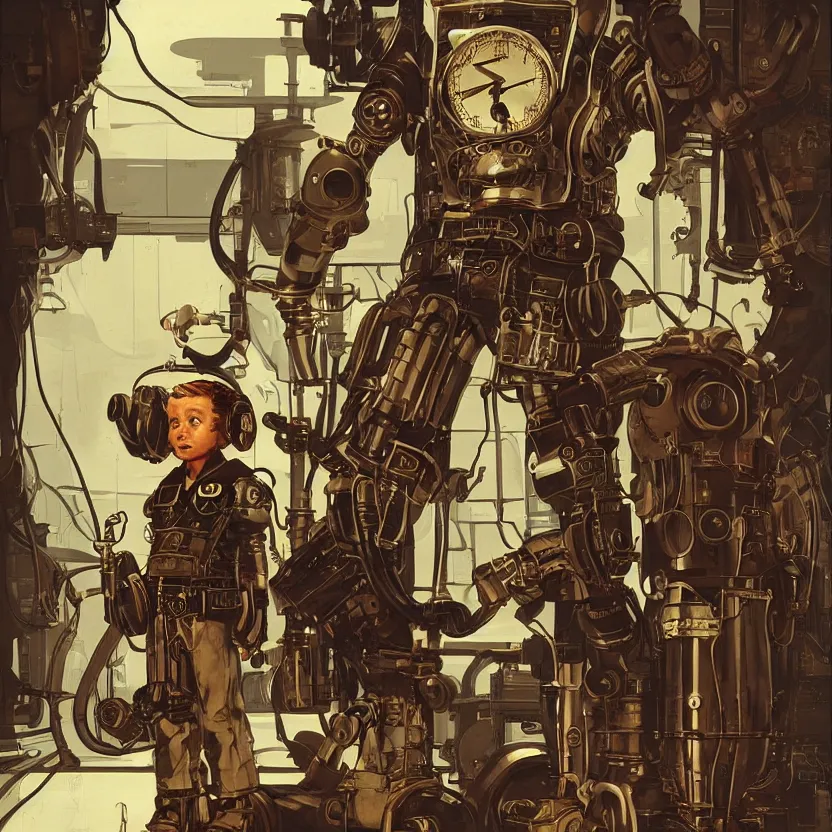 Image similar to steampunk robot boy with a retrofuturistic backpack by syd mead and norman rockwell. highly detailed digital art. retrofuturism. steampunk. beautiful lighting. trending on artstation.