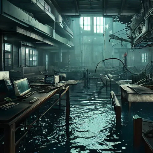 Prompt: flooded, desecrated, abandoned, cyberpunk science lab, ultra realistic, concept art, intricate details, eerie, highly detailed, photorealistic, octane render, 8 k, unreal engine, art by thomas dubois