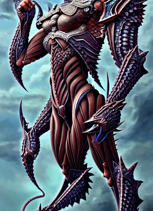 Image similar to athletic and muscular humanoid dragon creature!!!! draconian!! intricate ornate iridescent scale armor!! character concept art, sharp focus, octane render! unreal engine 5! highly rendered!! trending on artstation!! detailed linework!! illustration by artgerm, wlop, and chie yoshii