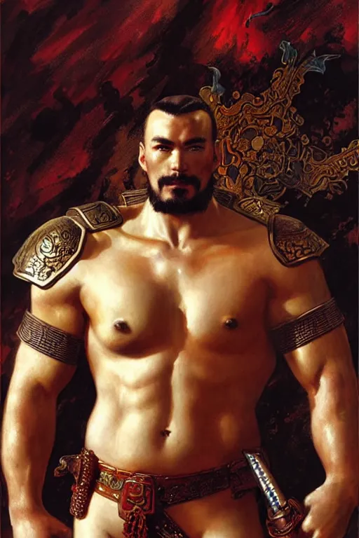 Image similar to attractive beefy male with armor, ancient china, three kingdoms, character design, painting by gaston bussiere, craig mullins, j. c. leyendecker, tom of finland