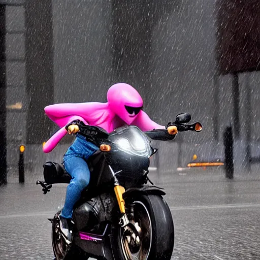 Image similar to hyper realistic, photo, humanoid pink female Squid girl, popping wheelie on motorcycle fast in the rainy city traffic