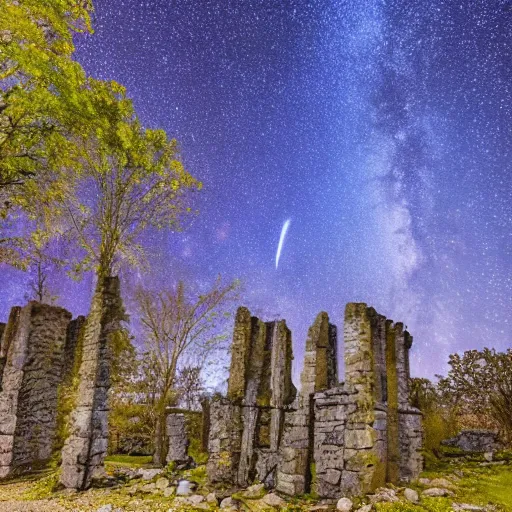 Image similar to the ruins of a village made out of stone in a forest of blue trees at night, a night sky filled with stars