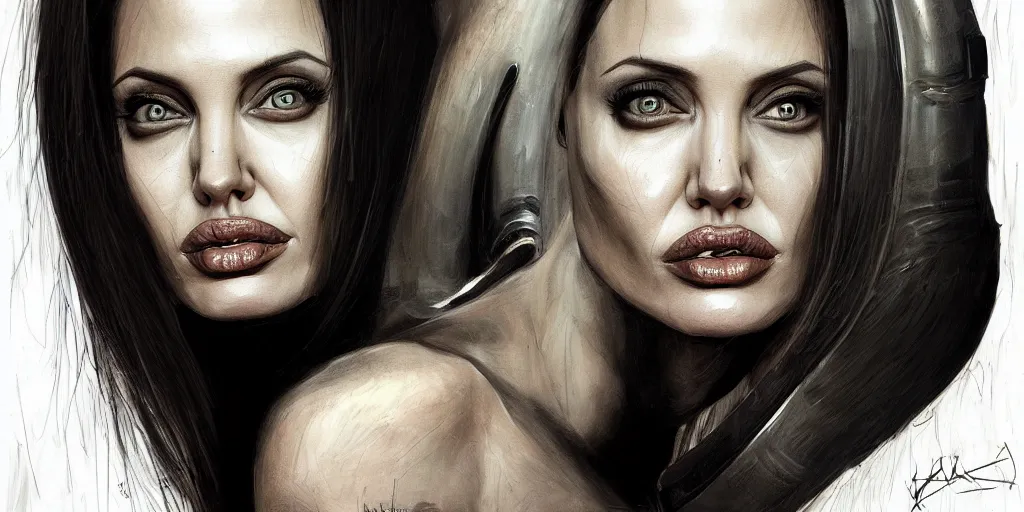 Image similar to portrait of angelina jolie in style, alien, detailed, artstation, h. e. giger