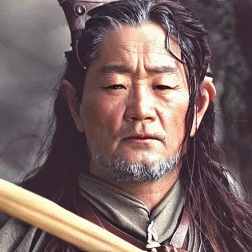 Image similar to a still from “ lord of the rings ” of a head and shoulders portrait of fei lung as a wizard with a hat and a wooden staff, photo by phil noto