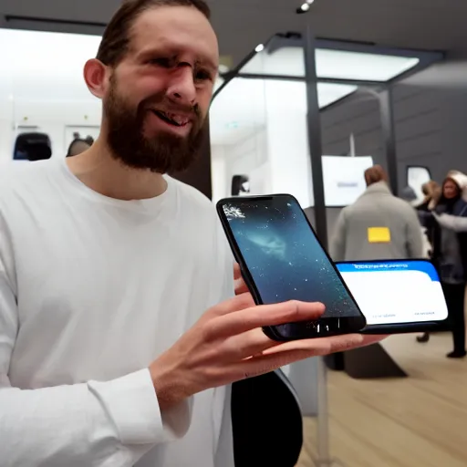 Image similar to jesus christ buying an iphone at the apple store