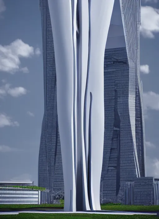 Image similar to highly detailed realistic architecture 3 d render of a futuristic tall stele monument in zaha hadid style standing in city park, archdaily, made in unreal engine 4 octane render