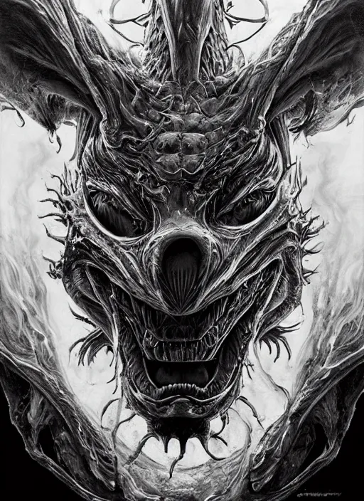 Prompt: a dream portrait of a anthropomorphic dragon spitting fire, black & white, melting, webbing, 8 k, by tristan eaton, stanley artgerm, tom bagshaw, greg rutkowski, carne griffiths, ayami kojima, beksinski, giger, trending on deviantart, face enhance, hyper detailed, minimalist, horror, alien