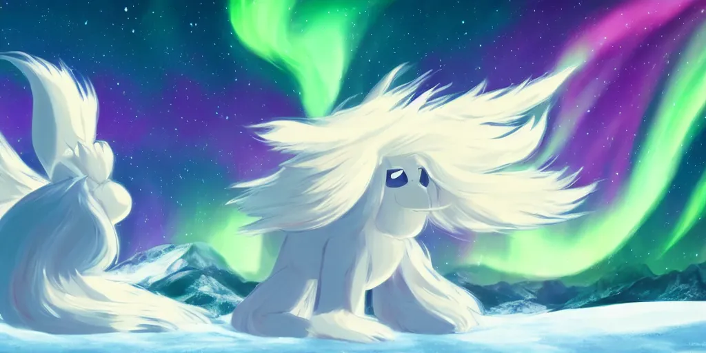 Prompt: Alolan Ninetales shiny, standing on an snowy hill with an aurora borealis in the night sky, Pokémon,