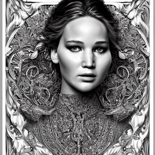 Prompt: An extremely ornate portrait of a Jennifer Lawrence, ultradetailed, intricate, elegant, digital art painting, smooth, sharp focus, magazine art cover illustration, regal, award winning picture, extremely detailed masterpiece, sense of awe, featured on Artstation, Artgerm, magic the gathering, mtg, D&D, dungeons and dragons,8K detail post-processing.