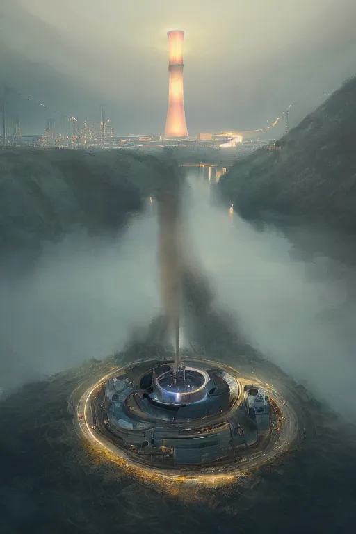 Prompt: magnificent view of a nuclear power plant standing on a hill in the middle of a river, intricate, elegant, volumetric lighting, digital painting, highly detailed, artstation, sharp focus, illustration, concept art, ruan jia, steve mccurry