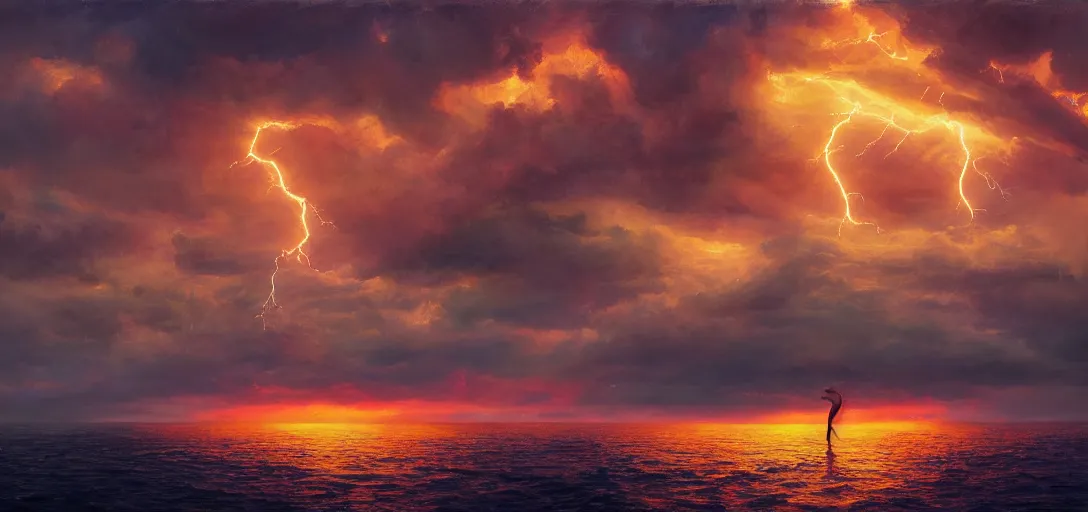 Image similar to aerial painting of a giant beautiful female, standing in the middle of the ocean, the sky is on fire. neill blomkamp cinematography, atmospheric lightning, godray, concept art, in the style of bob byerley, 8 k high details