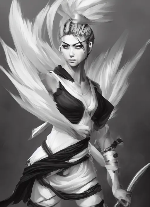 Image similar to a highly detailed illustration of fierce short white haired parted through the middle young attractive asian man, wearing hakama, with black sclera eyes, heroically battle posing, muscular, intricate, elegant, highly detailed, centered, digital painting, artstation, concept art, smooth, sharp focus, league of legends concept art, WLOP