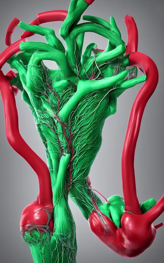Image similar to intricated scientific medical 3d animation of the muscles and veins of a crushed big arterie with a heart in their hands photography 3d octane plastic render greenchromakey