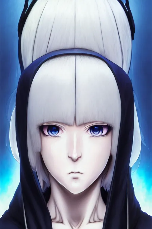 Image similar to portrait Anime cyborg girl in nun clothes, holy church Warhammer 40000, cute-fine-face, white-hair pretty face, realistic shaded Perfect face, fine details. Anime. realistic shaded lighting by Ilya Kuvshinov katsuhiro otomo ghost-in-the-shell, magali villeneuve, artgerm, rutkowski, WLOP Jeremy Lipkin and Giuseppe Dangelico Pino and Michael Garmash and Rob Rey