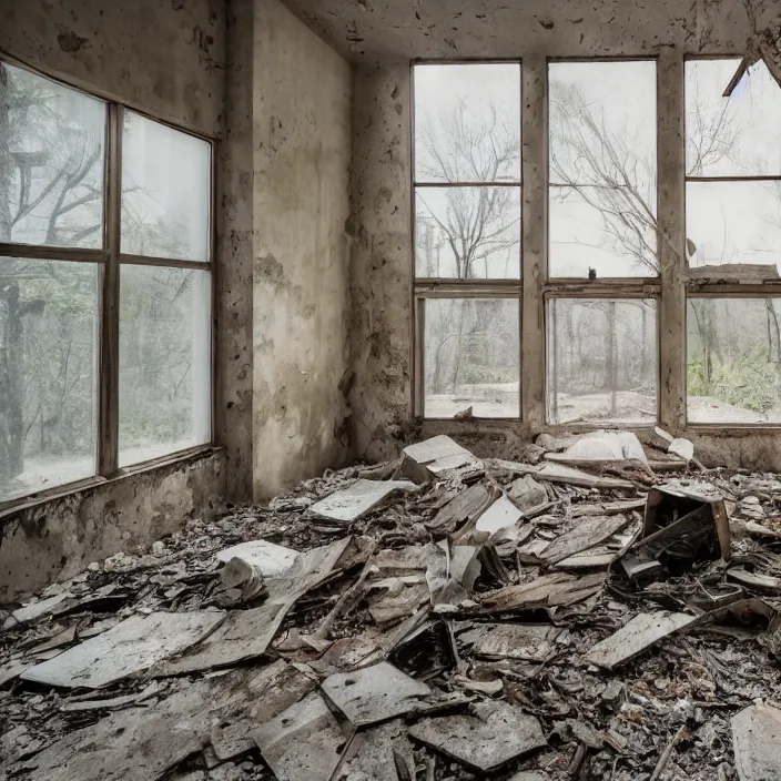 Prompt: abandoned modern home interior, color photograph, canon eos c 3 0 0, ƒ 1. 8, 3 5 mm, 8 k, medium - format print