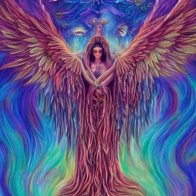 Image similar to angelic seraphim Lovecraftian celestial covered in eyes feathers and wings, oil painting award winning, chromatic aberration sharp colors, symmetrical geometry sublime angel be not afraid